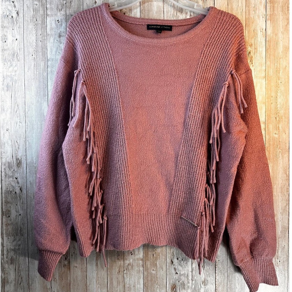 Adrienne Vittadini Pink Fringe Mixed Knit Crewneck Sweater Dusty‎ Rose Large
